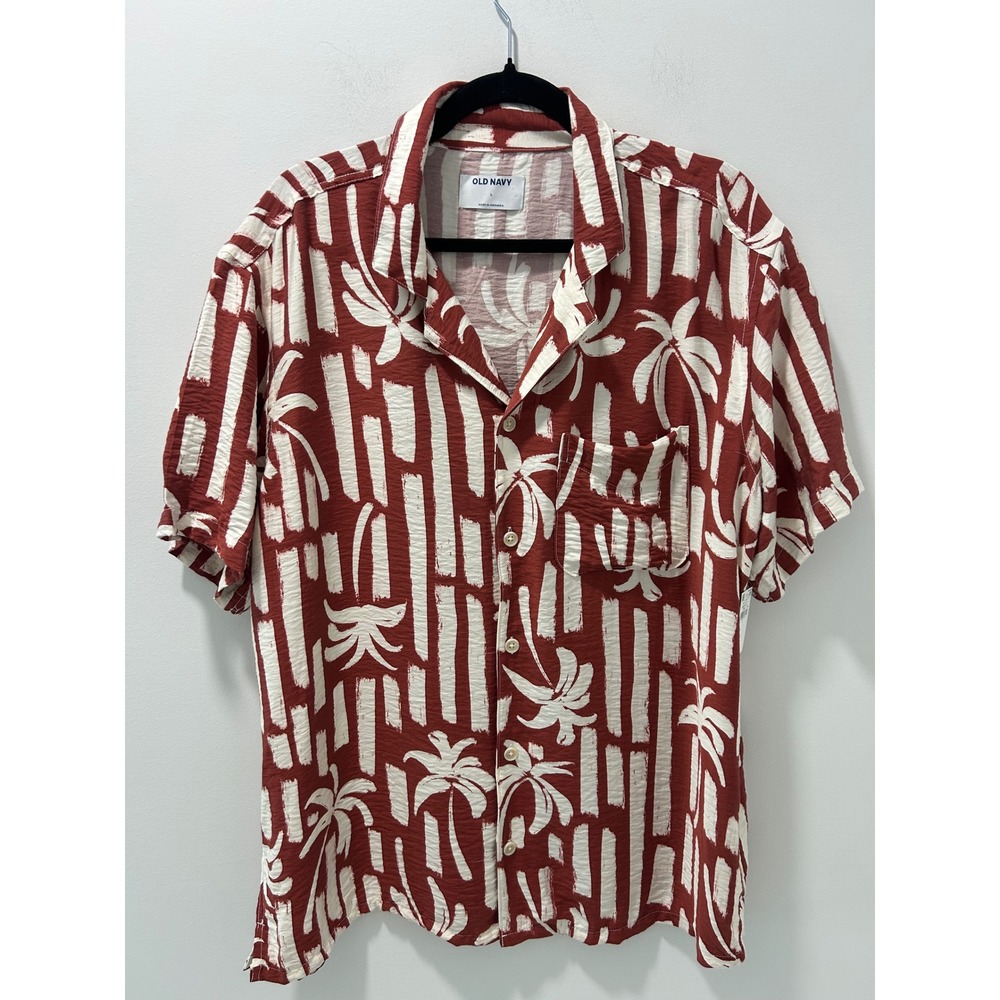 Old Navy Mens NWT Large Rust Red White Tropical Palm Print Short Sleeve Shirt